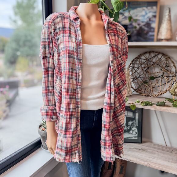 Free People Juniper Ridge Plaid Button Down Shirt w/ Raw Hem, Women's Large - Picture 11 of 15